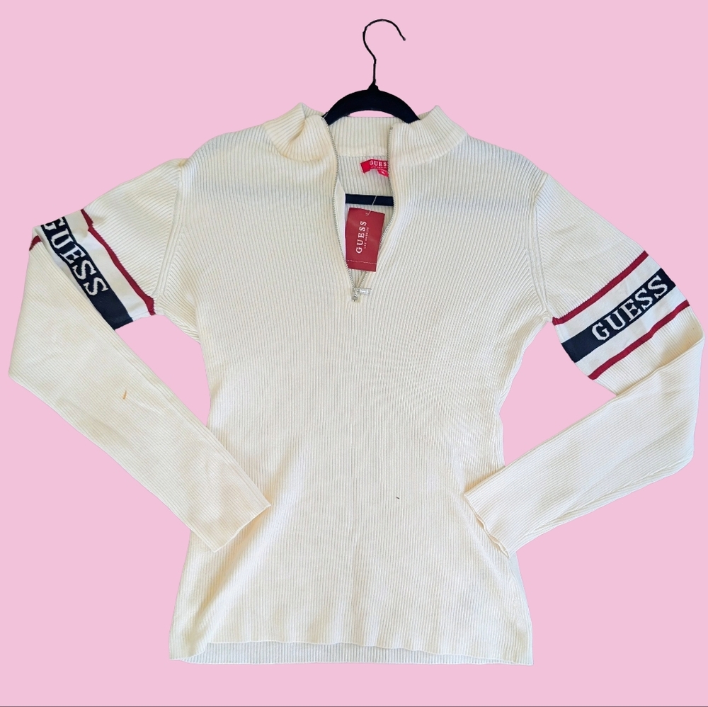 Guess Cream Ribbed Sweatshirt with Logo Sleeves